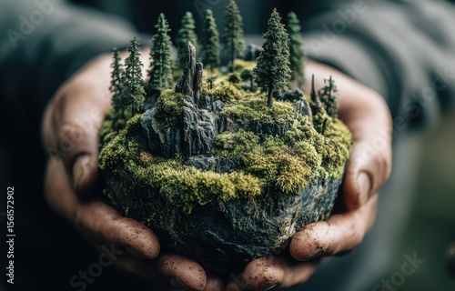 Miniature landscape held in cupped hands
