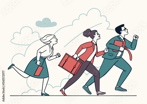 Business rivalry concept. Vector illustration in flat style of a group of diverse people in business attire running in a race. Isolated 