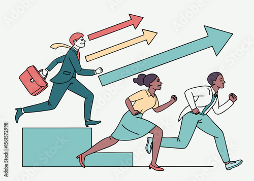 Business rivalry concept. Vector illustration in flat style of a group of diverse people in business attire running in a race with each other. Isolated on the background