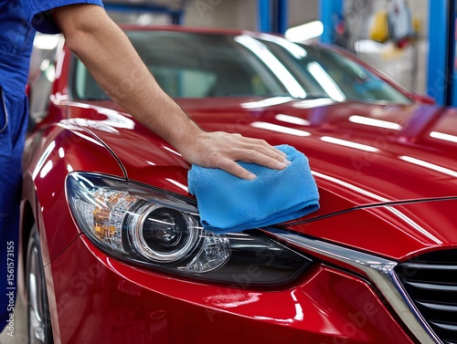 A service worker carefully cleans the hood of a shiny red car with a blue microfiber cloth in a workshop.