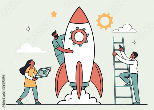 Business Startup Concept. Vector cartoon illustration of a group of diverse people in business suits assembling a rocket for launch. Isolated on background.