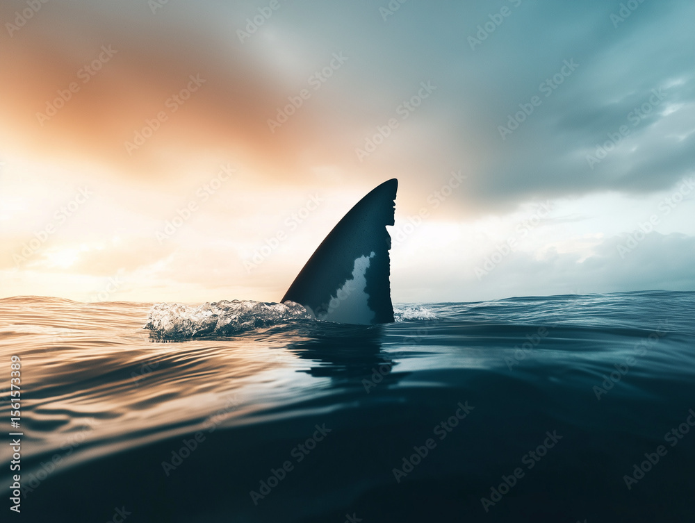 Fototapeta premium Shark fin emerging from the ocean at sunset