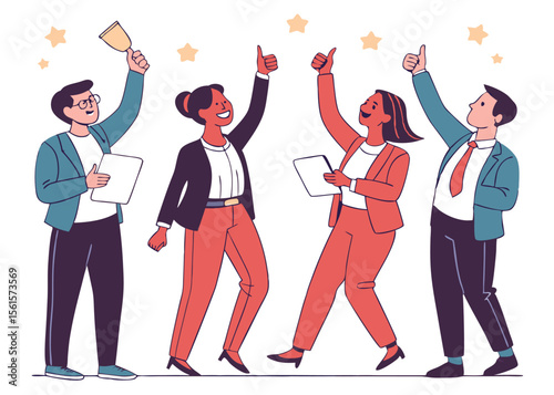 Business team of winners. Vector cartoon illustration in a flat style of a group of happy diverse people in business clothes, close up. Isolated on white