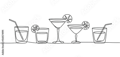 One Line Drawing of Cocktails and Drinks