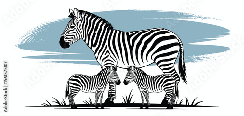 Zebra Family Silhouette Against a Light Blue Sky