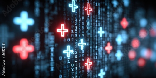 Wallpaper Mural Digital Network with Data Streams and Overlapping Medical Cross Symbols in Neon Style. Torontodigital.ca