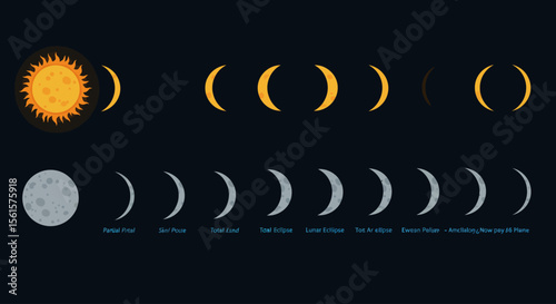 Vector Illustration of Solar and Lunar Eclipse Phases – Astronomy Concept with Sun and Moon Alignment Diagram