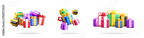 Set of colorful 3d stock vector illustration of gift boxes with various bows and arrangements for holiday celebration or retail promotion.
