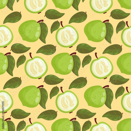 Seamless Pattern White Guava Fruit Tree on Yellow Background with leaves. Vector illustration