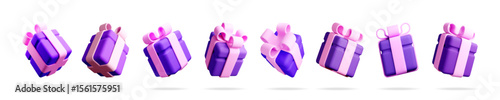 3d render floating purple gift box with pink ribbon and bow. Celebration holiday surprise element or birthday present.