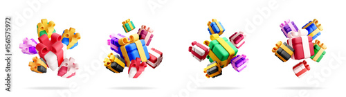 A delightful 3d stock vector illustration set collection of colorful gift box groups floating in different arrangements for festive designs.