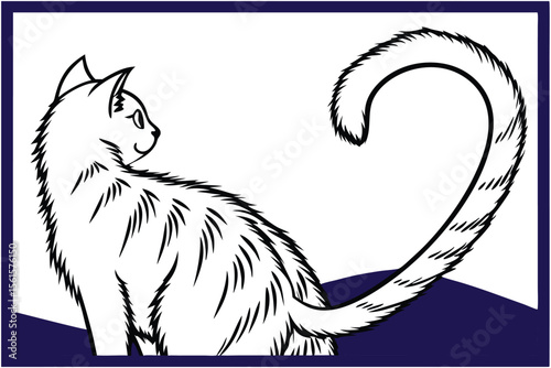 Elegant white cat with a long curled tail sits looking to the side