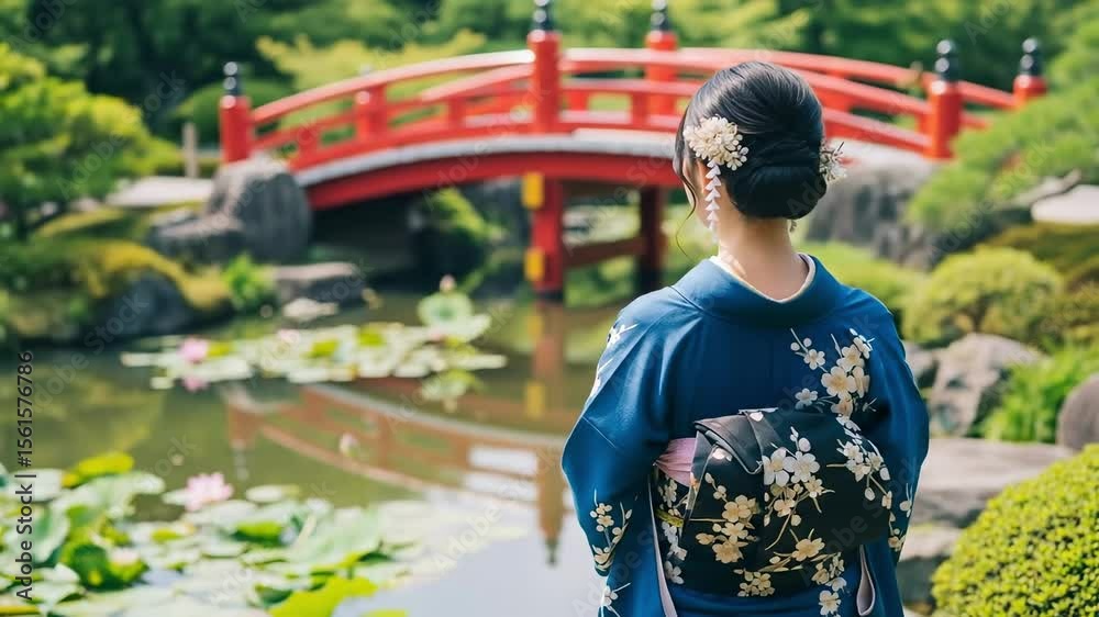 A Young Asian Woman in a Traditional Kimono Stands Elegantly by a Serene Pond Under a Red Bridge Surrounded by Lush Greenery in a Japanese Garden