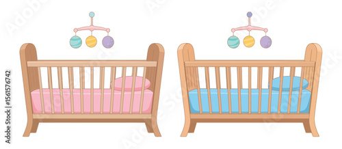 Two Baby Cribs with Mobiles and Bedding