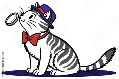 Whimsical cartoon cat wearing a hat and bowtie holding a magnifying glass