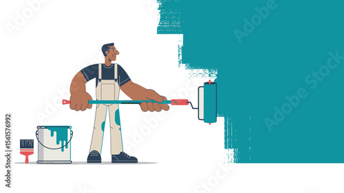 painter in overalls painting a wall with a roller, vector illustration for home improvement renovation 