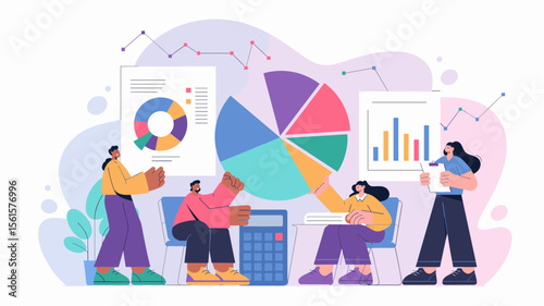 analyst team analyzing financial data charts, vector illustration for financial analysis, data visualization and business teamwork