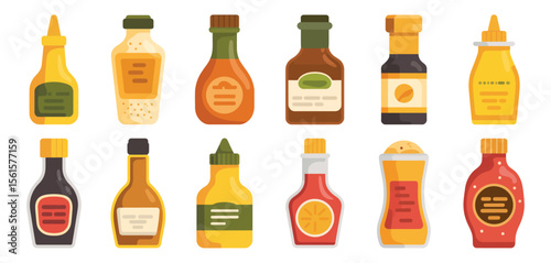 Various Condiments and Sauces in Bottles