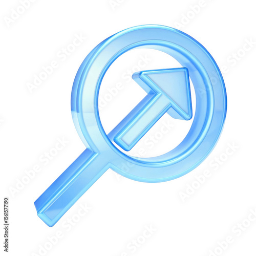 Blue glass magnifying glass with upward arrow icon isolated on transparent background