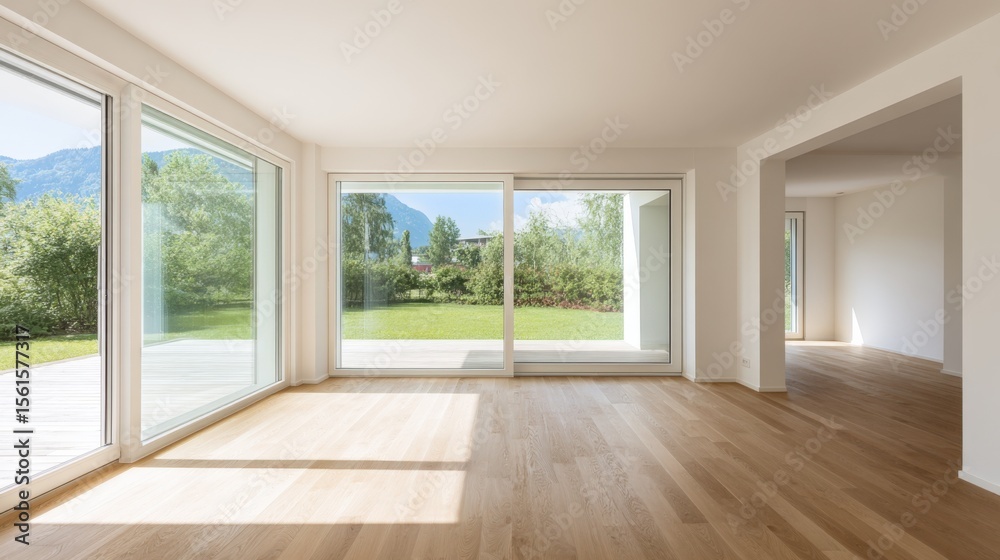 Fototapeta premium Bright minimalist living room with large windows overlooking lush green garden.