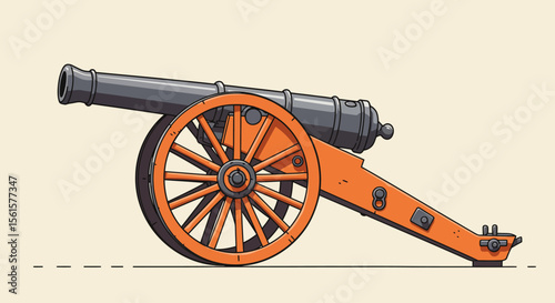 Flat Vector Cartoon Illustration of Old Artillery Cannon – Side View Historical War Weapon Drawing