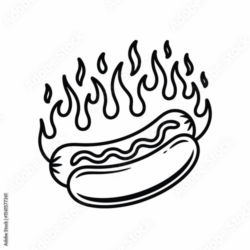 Hot Dog on Fire Simple Line Art Illustration