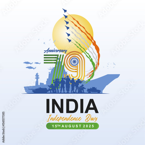 Patriotic 79 years Anniversary Independence Day of India 2025 concept design. Hal Tejas jet flypast with tricolor smoke, India military fleet. India military strenght background. Vector Illustration