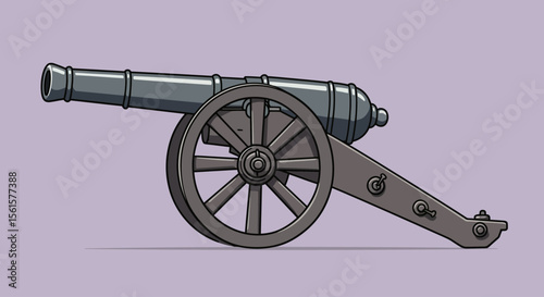 Flat Vector Cartoon Illustration of Old Artillery Cannon – Side View Historical War Weapon Drawing