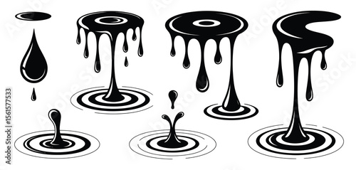 Set of Black Liquid Dripping and Splashing