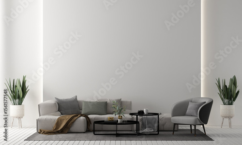 Fototapeta Naklejka Na Ścianę i Meble -  Modern home and minimal living room with mid century modern sofa set and plants and white empty wall texture background interior design. 3d rendeing
