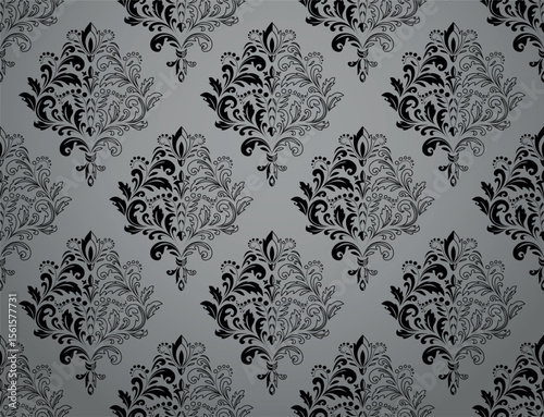 Wallpaper in the style of Baroque. Gray and black floral ornament. Seamless vector background. Graphic pattern for fabric, wallpaper, packaging. Ornate Damask flower illustration