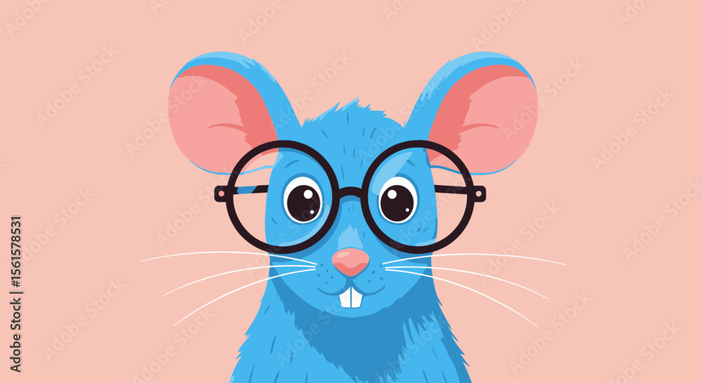 Fototapeta premium Flat Vector Illustration of Cute Cartoon Rat with Oversized Glasses – Funny Smart Mouse Character