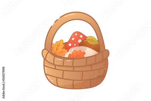 Autumn harvest basket filled with mushrooms and leaves