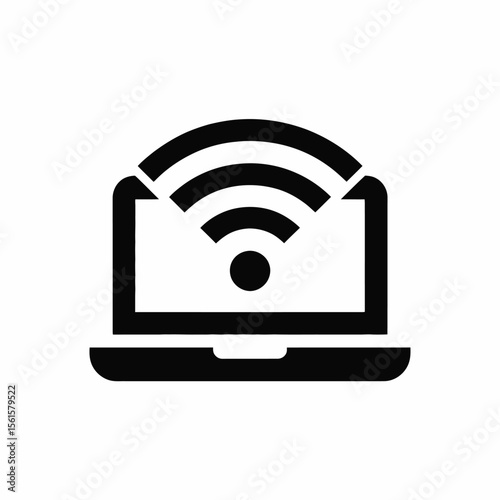 Laptop with Wifi Symbol Indicating Wireless Internet Connection Black and White