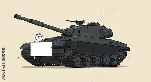 Vector Cartoon Stick Figure of Brave Unarmed Protester Facing Tank – Holding Blank Sign for Custom Text