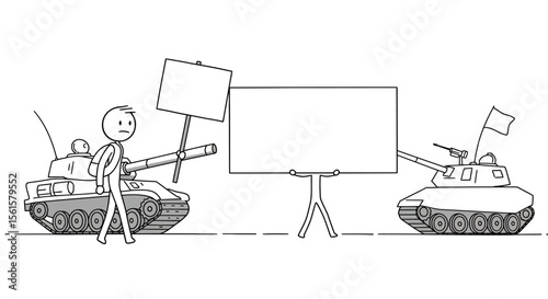 Vector Cartoon Stick Figure of Brave Unarmed Protester Facing Tank – Holding Blank Sign for Custom Text