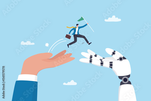 AI adoption or implementation to success, change or transformation using Artificial Intelligence innovation to help business achievement, businessman hold winning flag jump from human hand to AI hand.
