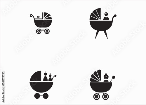 A simple black and white graphic logo of an icon for a baby stroller on a plain background,