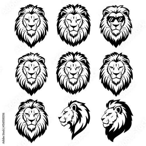 Vector illustration set of nine stylized black lion head designs in different expressions and angles, showcasing bold line art and intricate mane detailing on a white background.


