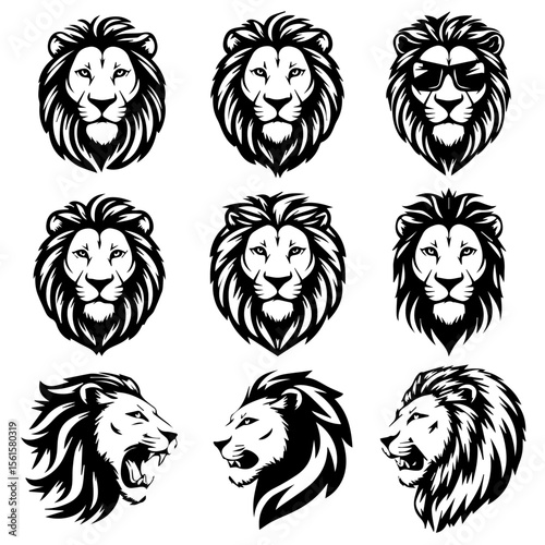Vector illustration set of nine stylized black lion head designs in different expressions and angles, showcasing bold line art and intricate mane detailing on a white background.


