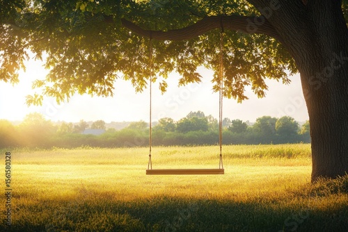 Rope swing dangling from tree over sunlit grass field, golden hour light