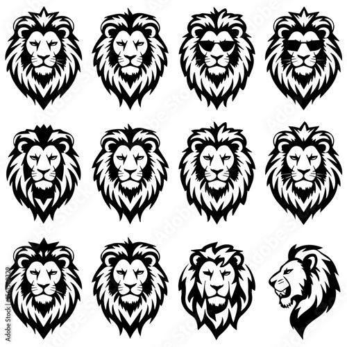 Vector illustration set of nine stylized black lion head designs in different expressions and angles, showcasing bold line art and intricate mane detailing on a white background.

