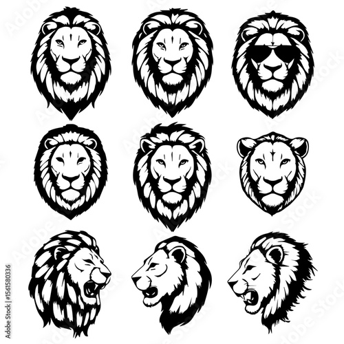 Vector illustration set of nine stylized black lion head designs in different expressions and angles, showcasing bold line art and intricate mane detailing on a white background.

