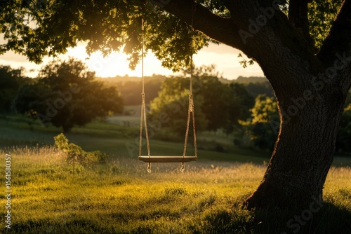 Rope swing dangling from tree over sunlit grass field, golden hour light