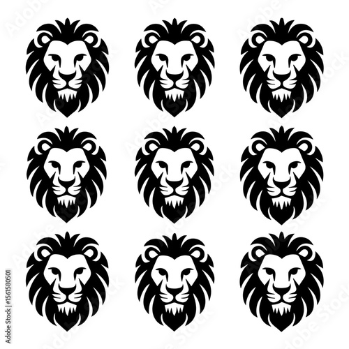 Vector illustration set of nine stylized black lion head designs in different expressions and angles, showcasing bold line art and intricate mane detailing on a white background.

