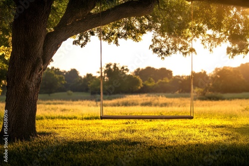 Rope swing dangling from tree over sunlit grass field, golden hour light