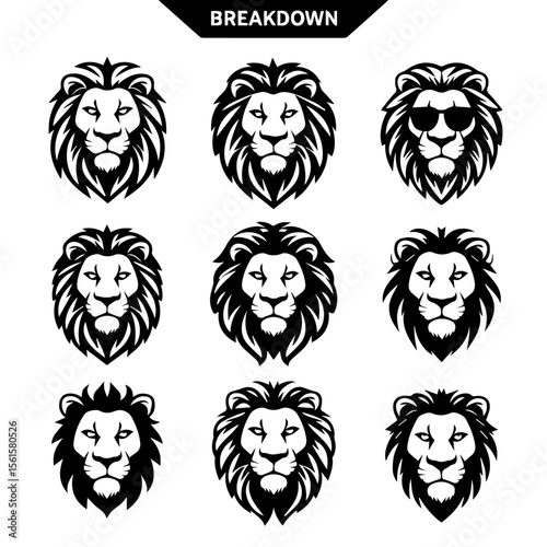 Vector illustration set of nine stylized black lion head designs in different expressions and angles, showcasing bold line art and intricate mane detailing on a white background.

