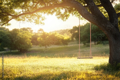 Rope swing dangling from tree over sunlit grass field, golden hour light
