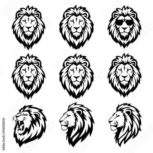 Vector illustration set of nine stylized black lion head designs in different expressions and angles, showcasing bold line art and intricate mane detailing on a white background.

