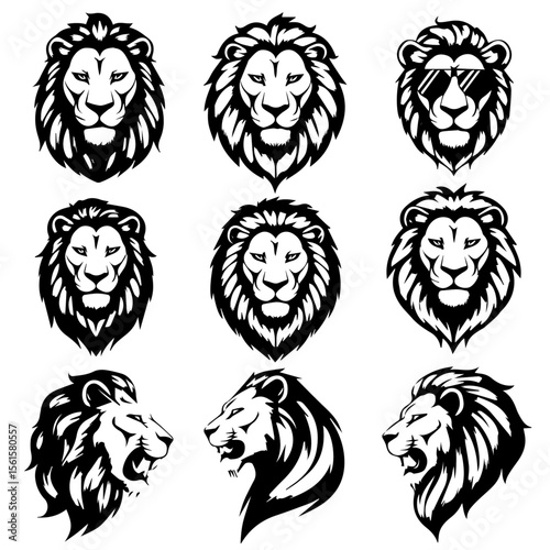 Vector illustration set of nine stylized black lion head designs in different expressions and angles, showcasing bold line art and intricate mane detailing on a white background.

